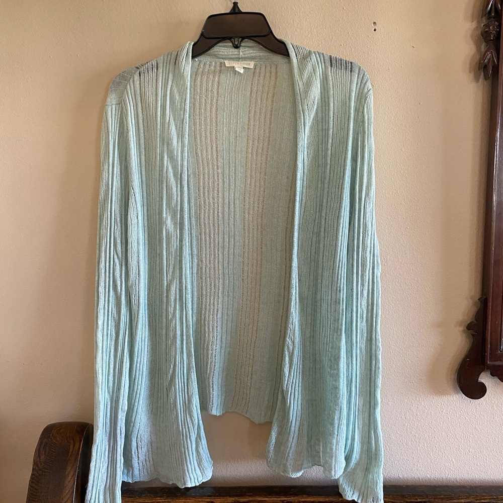 Eileen Fisher Mint Green Open Front 100% Linen Cardigan .